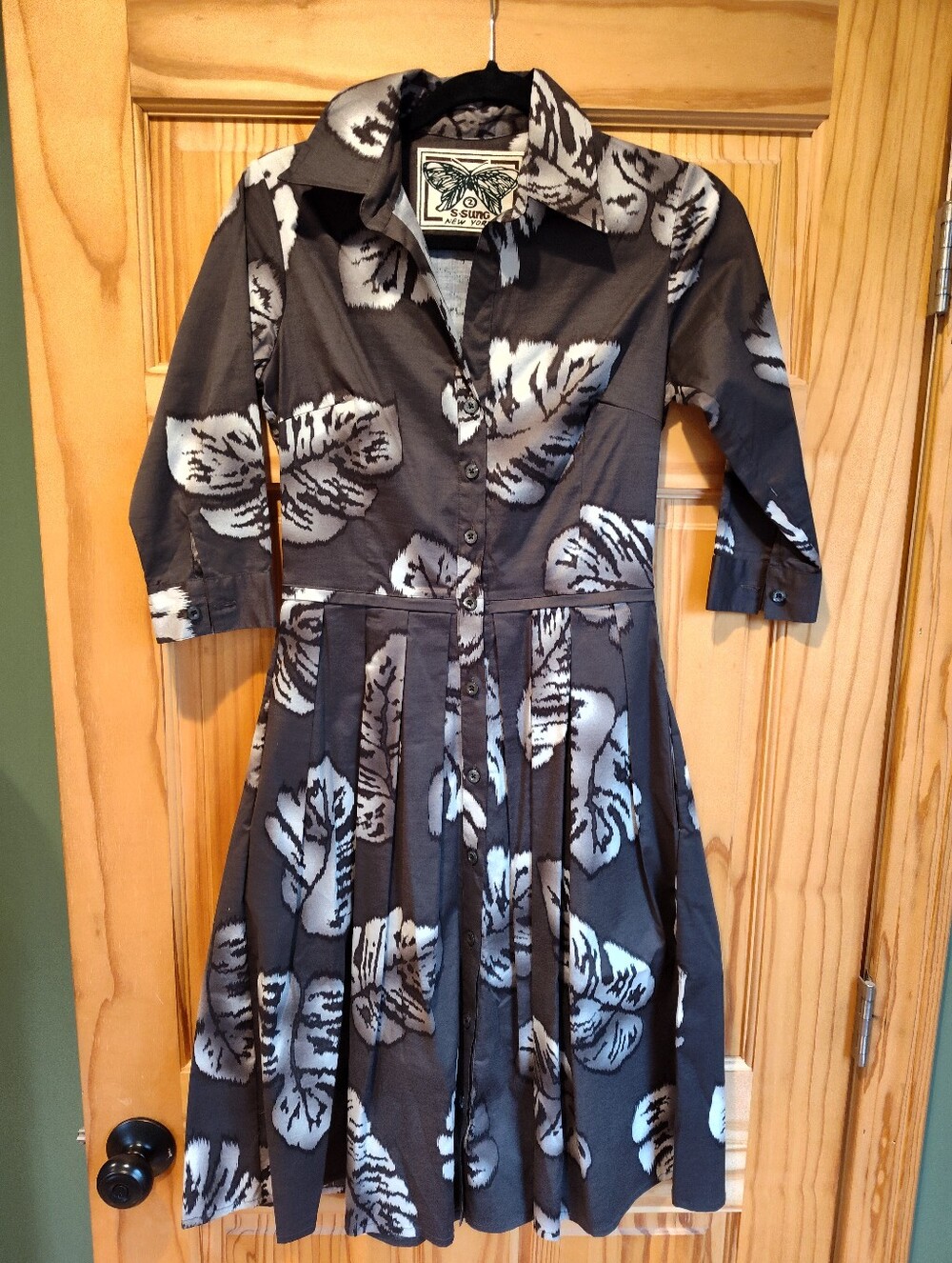 Samantha Sung Audrey Collared Shirtdress Block Print Leaves Vintage 2